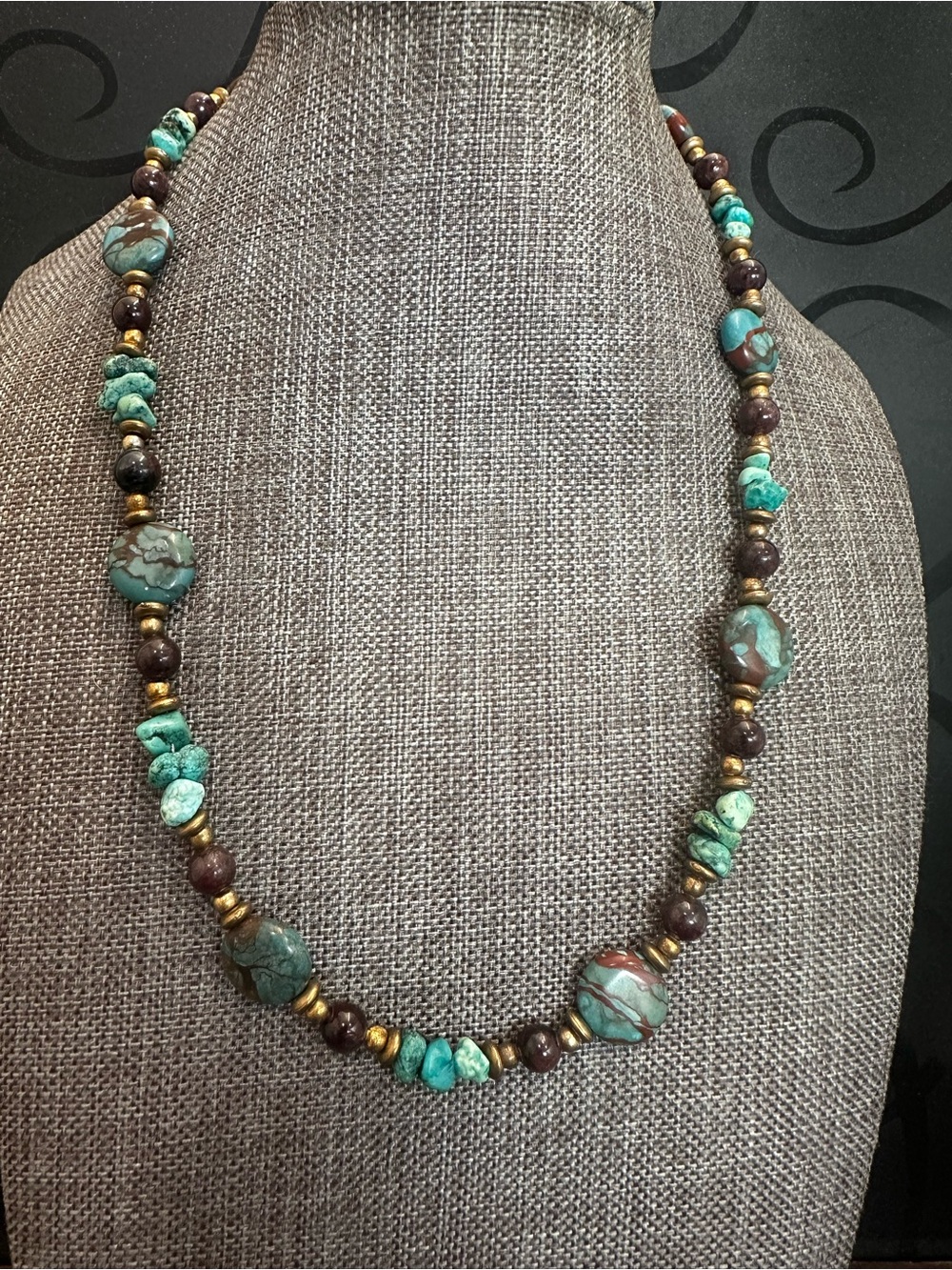 Turquoise and Almandine Garnet Handmade Beaded Women's Necklace